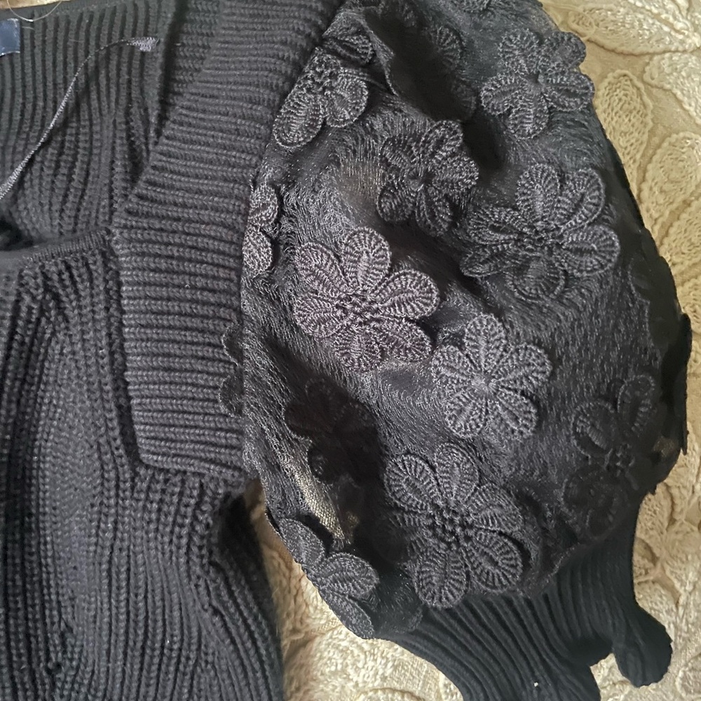 French Connection Women's Black Sweater with floral puffed lace sleeves